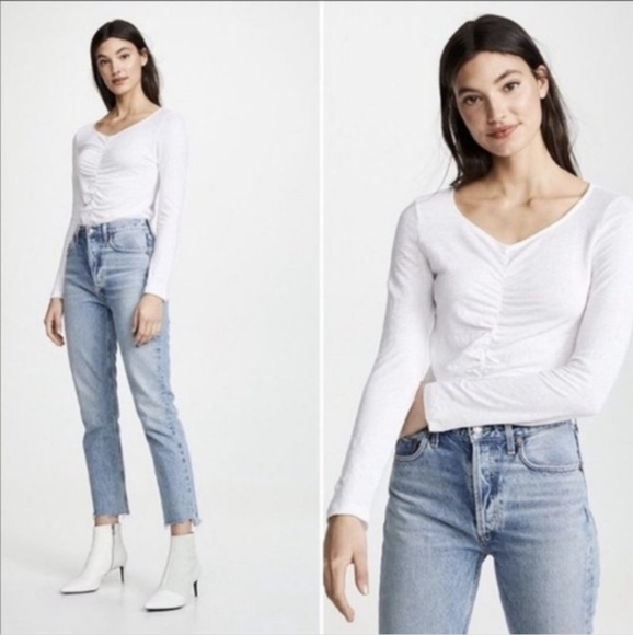 Frame Denim linen jersey white ruched top XL (tag says L but fits like XL-XXL) - Picture 2 of 10